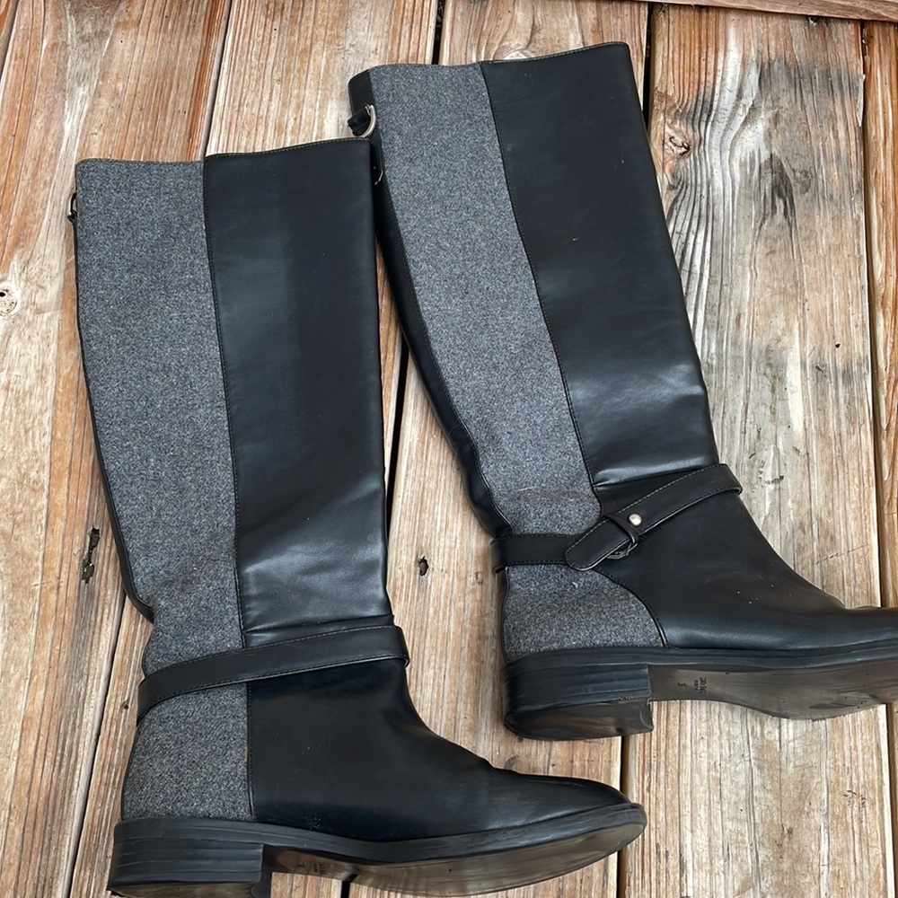 ZARA Black Leather & Gray Wool Tall Riding Boots EU 38 US 7.5-8